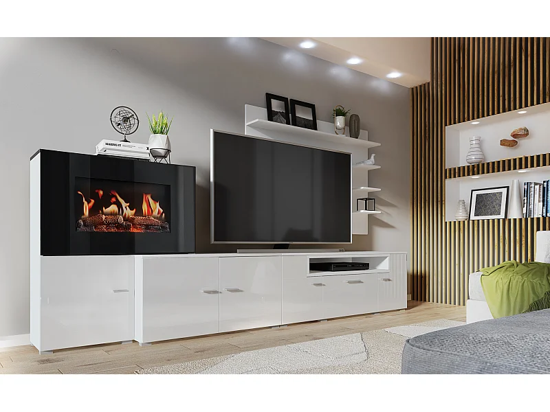 Mueble salón comedor con chimenea eléctrica, acabado Blanco Mate/Blanco Brillo Lacado, 290x45x170cm