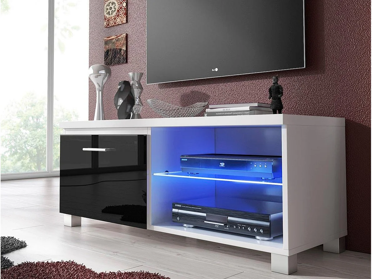 Meuble bas TV LED, Salon-Séjour, Blanc et Noir Laqué, 100x40x42cm