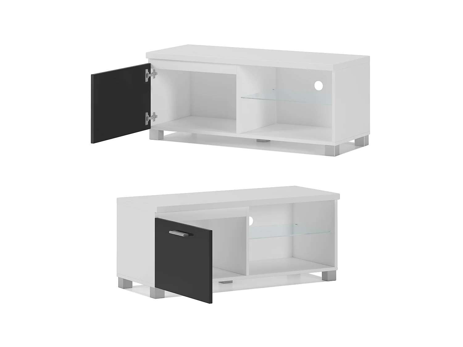 Meuble bas TV LED, Salon-Séjour, Blanc et Noir Laqué, 100x40x42cm