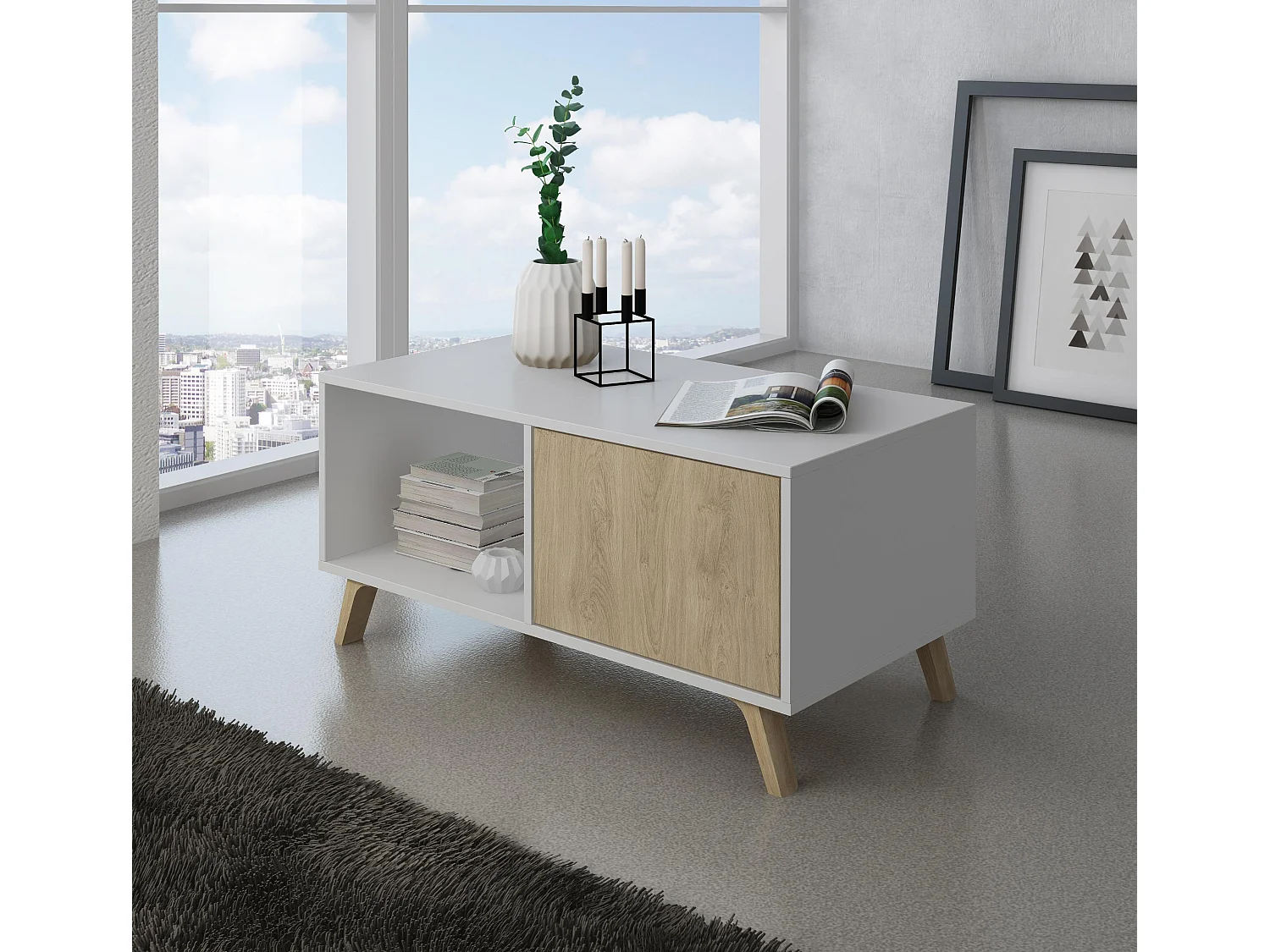 Mesa de centro con puertas, Modelo WIND, estructura Blanco/puertas roble, 92x50x45cm