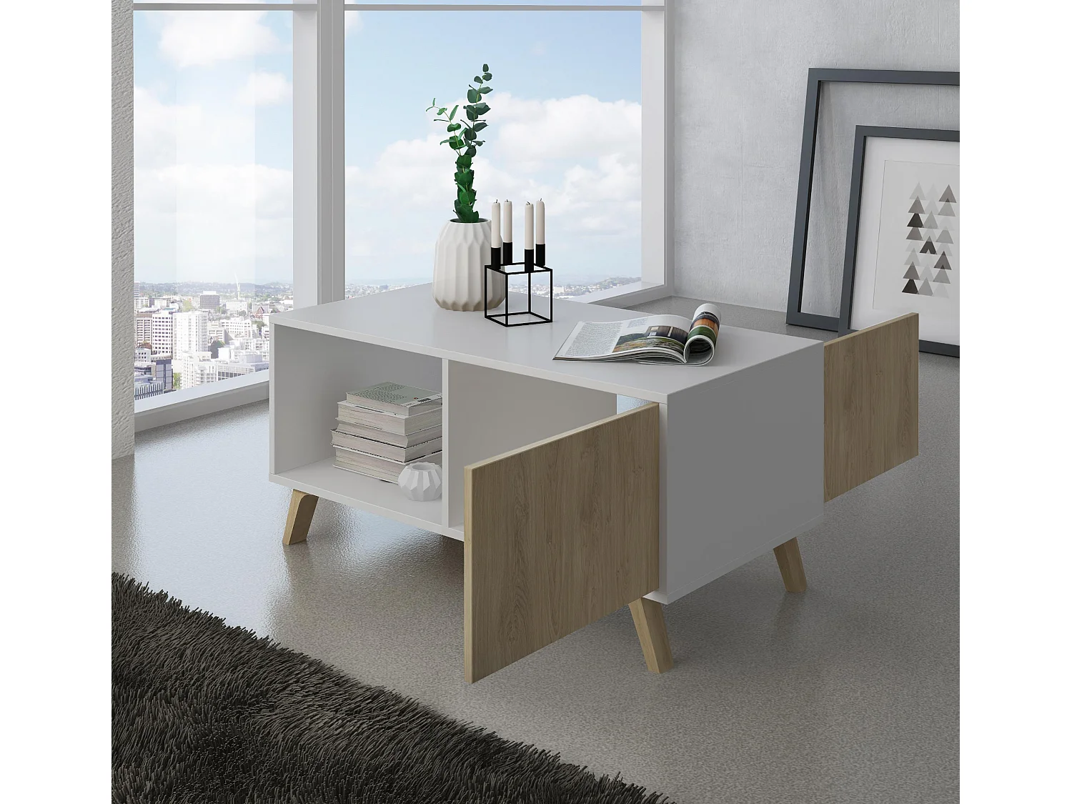 Mesa de centro con puertas, Modelo WIND, estructura Blanco/puertas roble, 92x50x45cm