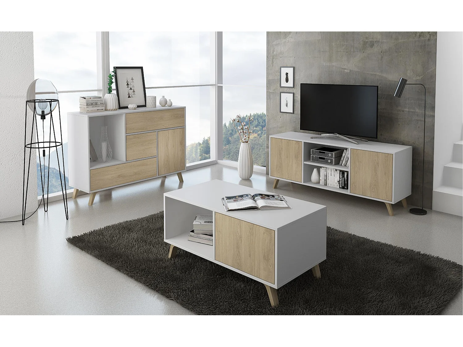 Central Low Table, Windmodel, 91,5x50x45cm, Woonkamer, hal, kantoor, Wit en eiken, Moderne stijl