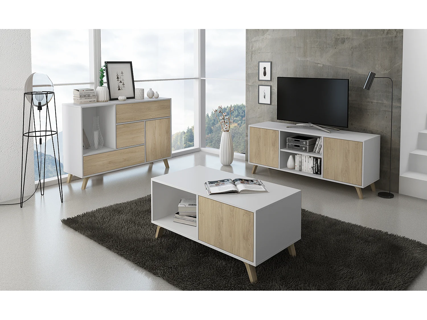 Couchtisch mit Türen, Esszimmer, Modell WIND, Strukturfarbe Weiß, Türfarbe Eiche, 92x50x45cm