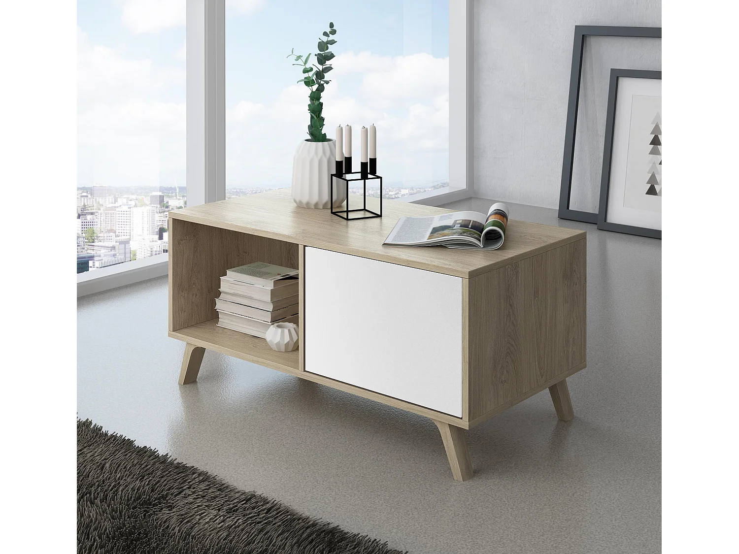 Mesa de centro con puertas, Modelo WIND, estructura roble/color puertas Blanco.