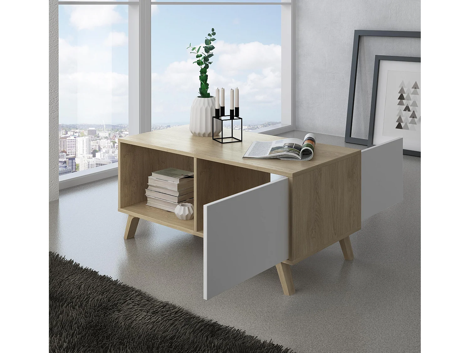 Mesa de centro con puertas, Modelo WIND, estructura roble/color puertas Blanco.