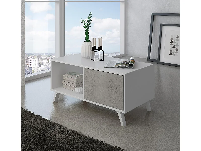 Couchtisch mit Türen, Wohnzimmer, Modell WIND, Farbstruktur MATTWEISS, Farbtüren ZEMENT, 92x50x45cm