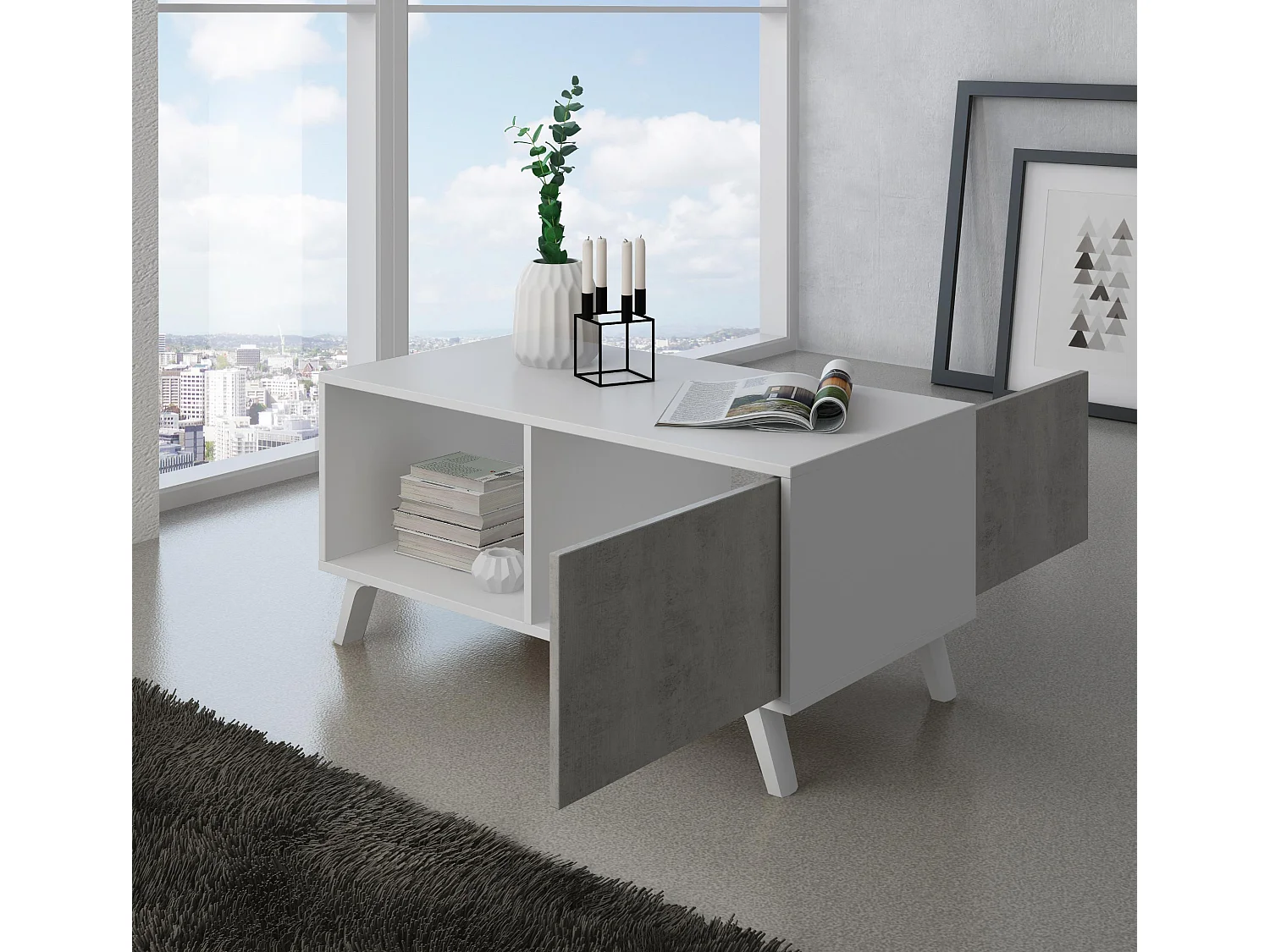 Mesa de centro con puertas, Modelo WIND, estructura Blanco Mate/puertas gris Cemento, 92x50x45cm