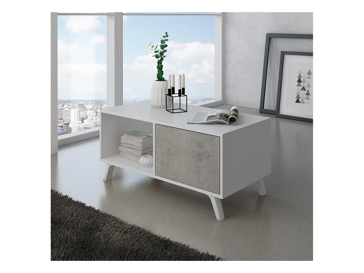 Central Low Table, Windmodel, 91,5x50x45cm, Woonkamer, hal, kantoor, Wit en cement, Moderne stijl