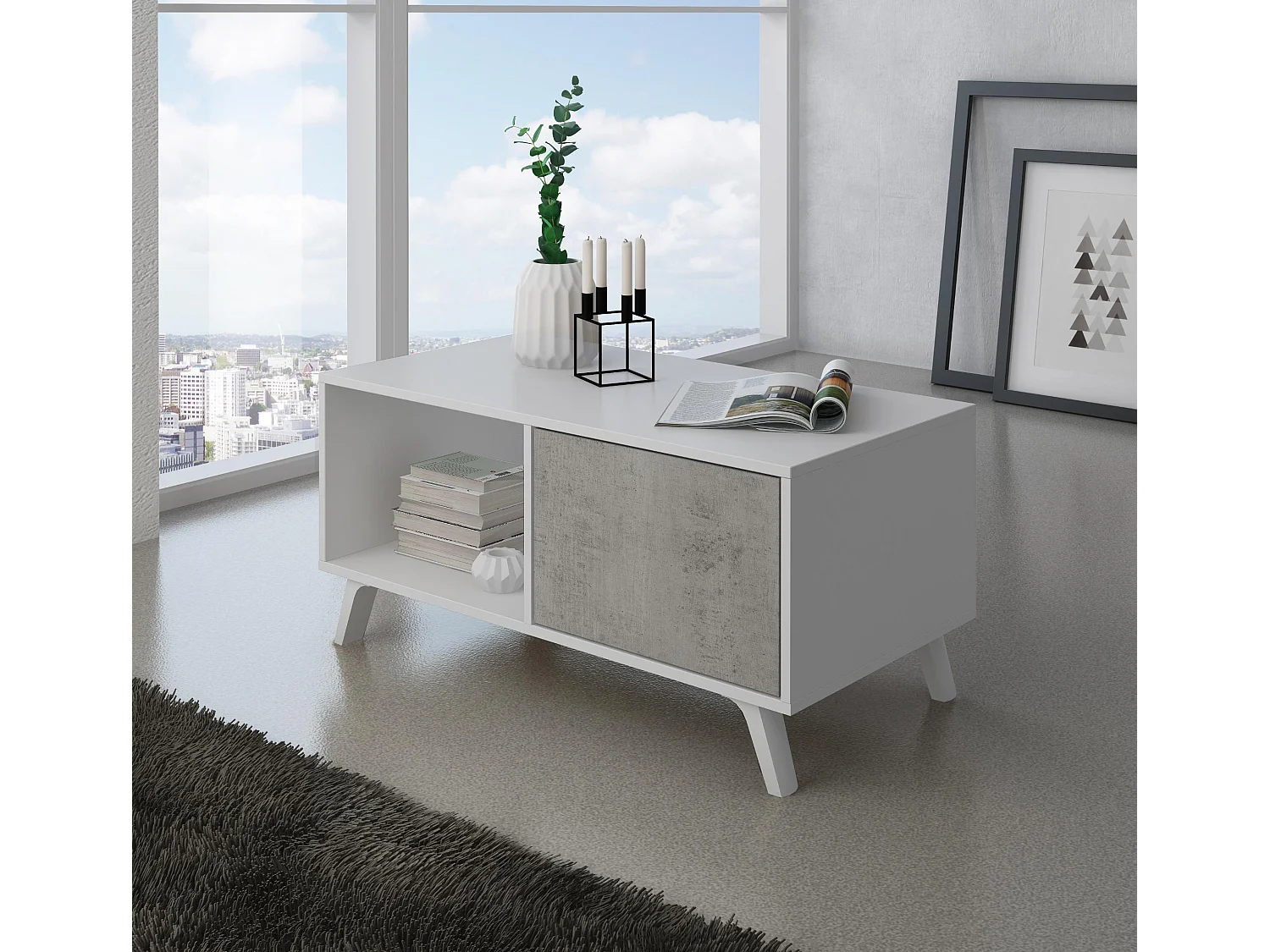 Central Low Table, Windmodel, 91,5x50x45cm, Woonkamer, hal, kantoor, Wit en cement, Moderne stijl