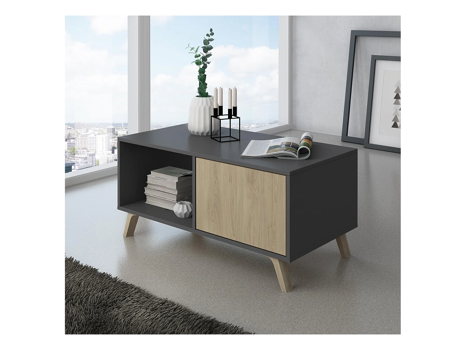 Mesa de café modelo WIND, cor Cinza Antracite e Carvalho, 92x50x45cm