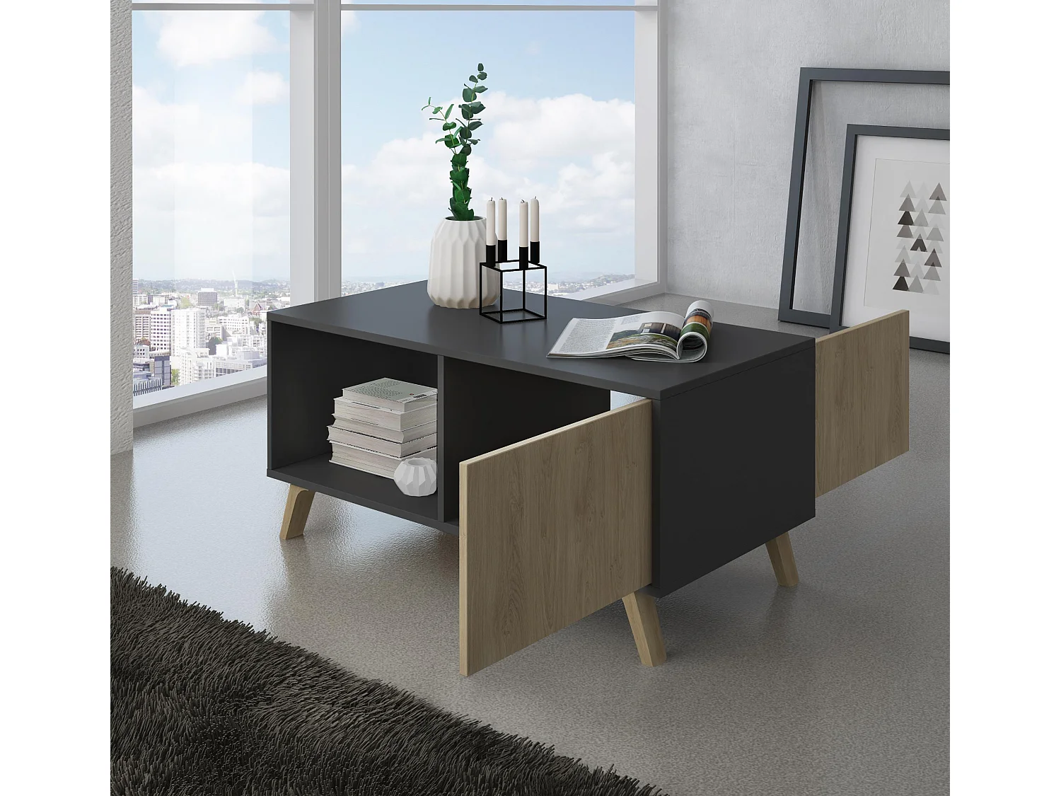 Mesa de café modelo WIND, cor Cinza Antracite e Carvalho, 92x50x45cm