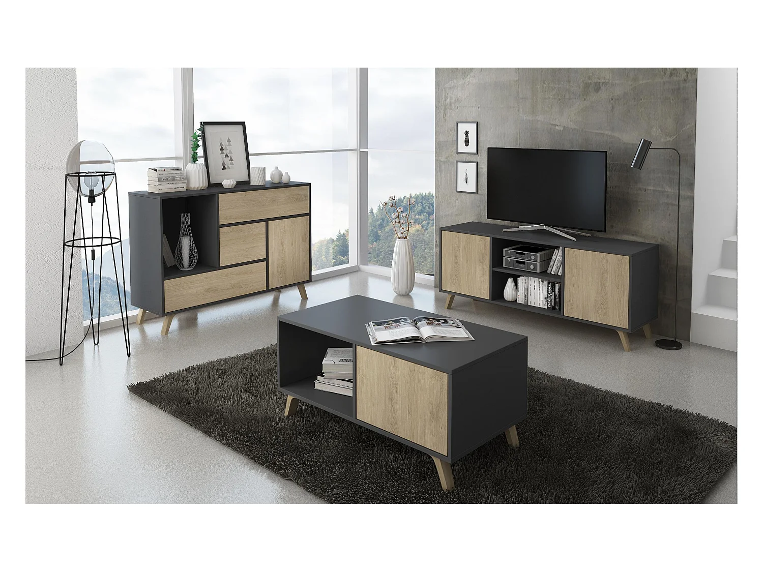 Mesa de café modelo WIND, cor Cinza Antracite e Carvalho, 92x50x45cm