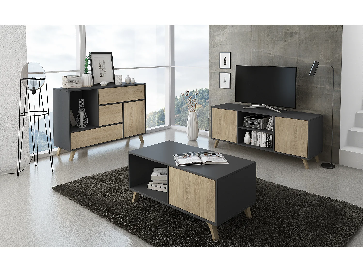 Mesa de café modelo WIND, cor Cinza Antracite e Carvalho, 92x50x45cm