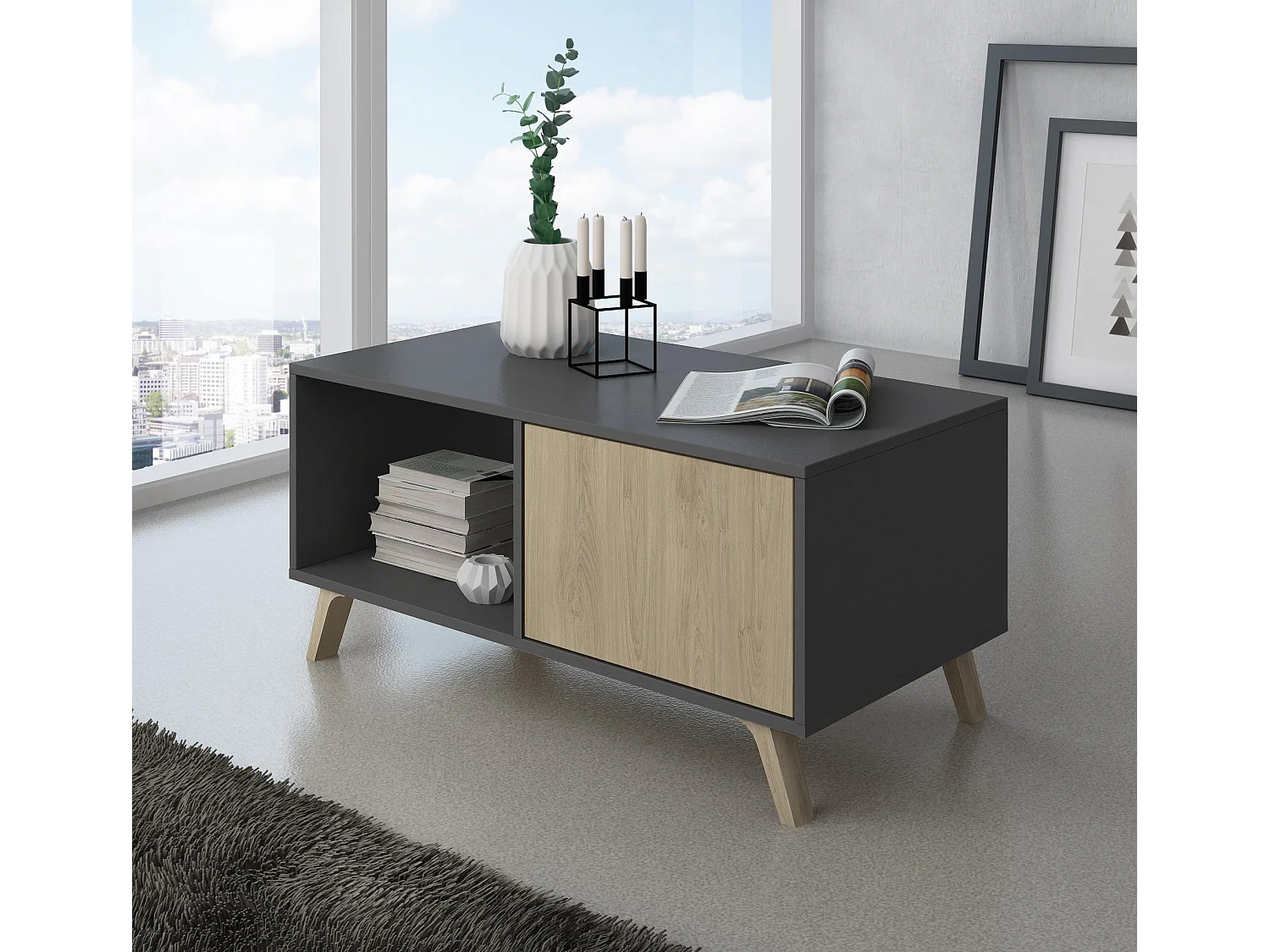 Tavolino con porte, sala da pranzo, modello WIND, Grigio Antracite e Rovere, 92x50x45cm.
