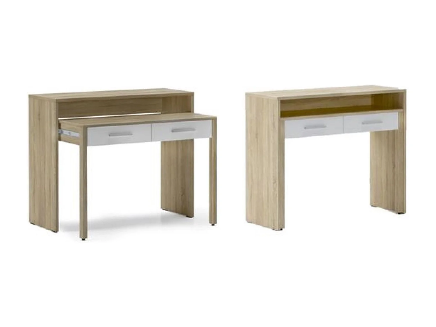 Bureau informatique Extensible d'appoint ordinateur 2 tiroirs blanc et chêne clair, 98.6x86.9x36-70 cm