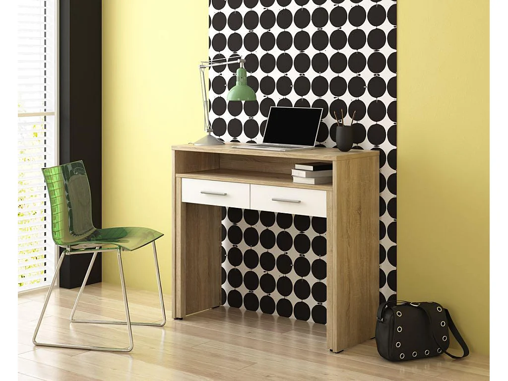 Bureau informatique Extensible d'appoint ordinateur 2 tiroirs blanc et chêne clair, 98.6x86.9x36-70 cm