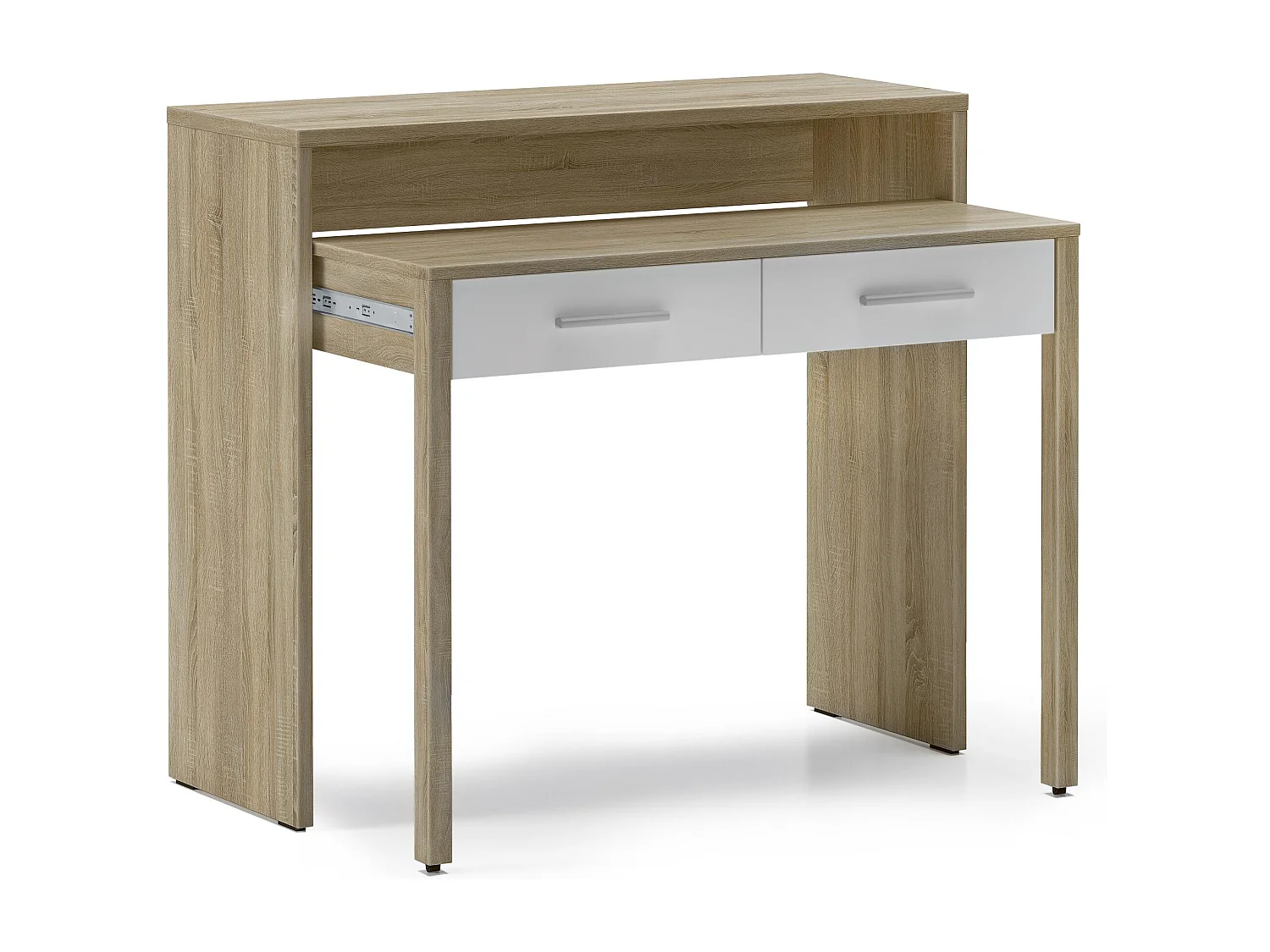 Bureau informatique Extensible d'appoint ordinateur 2 tiroirs blanc et chêne clair, 98.6x86.9x36-70 cm