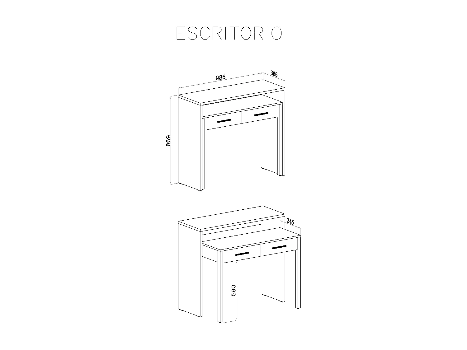 Bureau informatique Extensible d'appoint ordinateur 2 tiroirs blanc et chêne clair, 98.6x86.9x36-70 cm