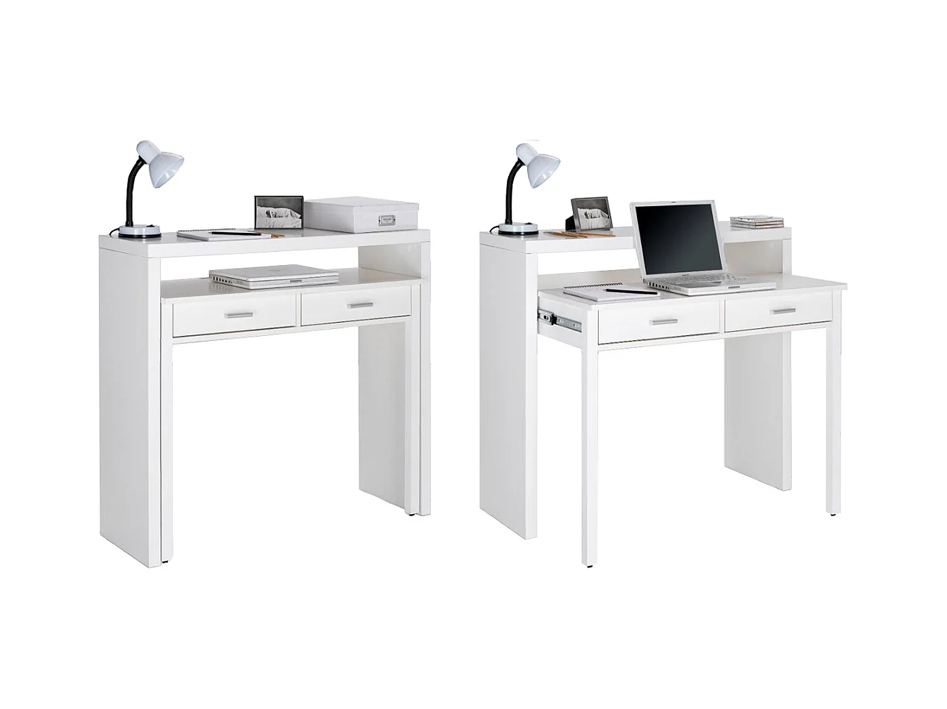 Mesa de estudo extensível, acabamento branco, 98,6x86,9x36-70cm