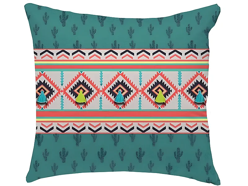 Coussin ethnique à pompons en coton 40x40cm DIEGO