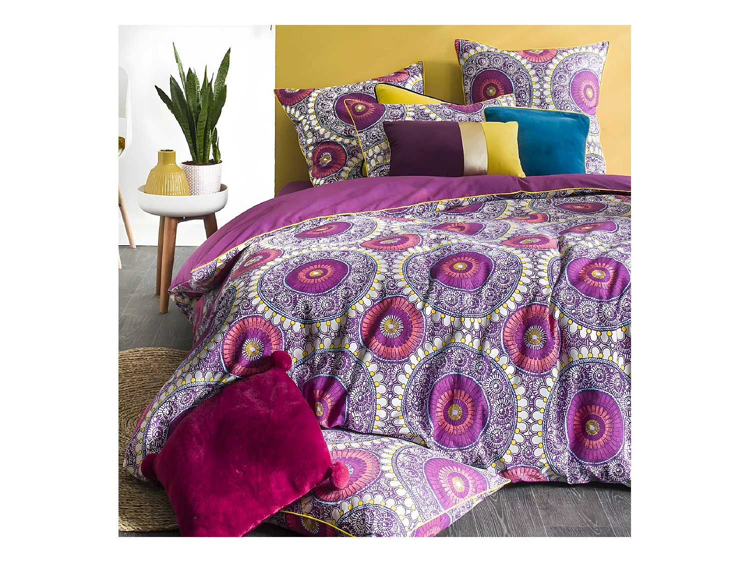 Parure de lit 2 personnes rosaces en satin 78 fils 260x240cm