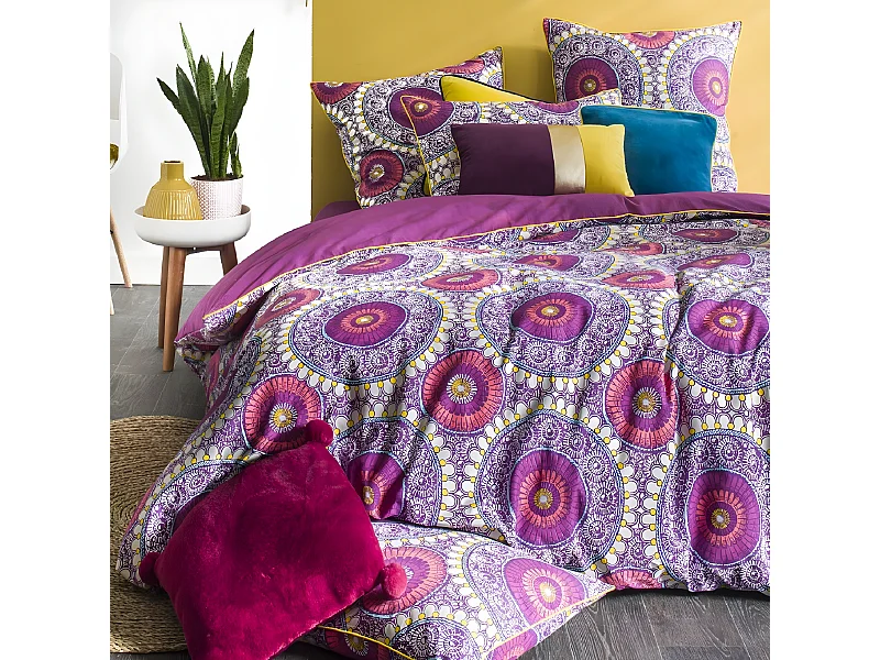 Parure de lit 2 personnes rosaces en satin 78 fils 260x240cm