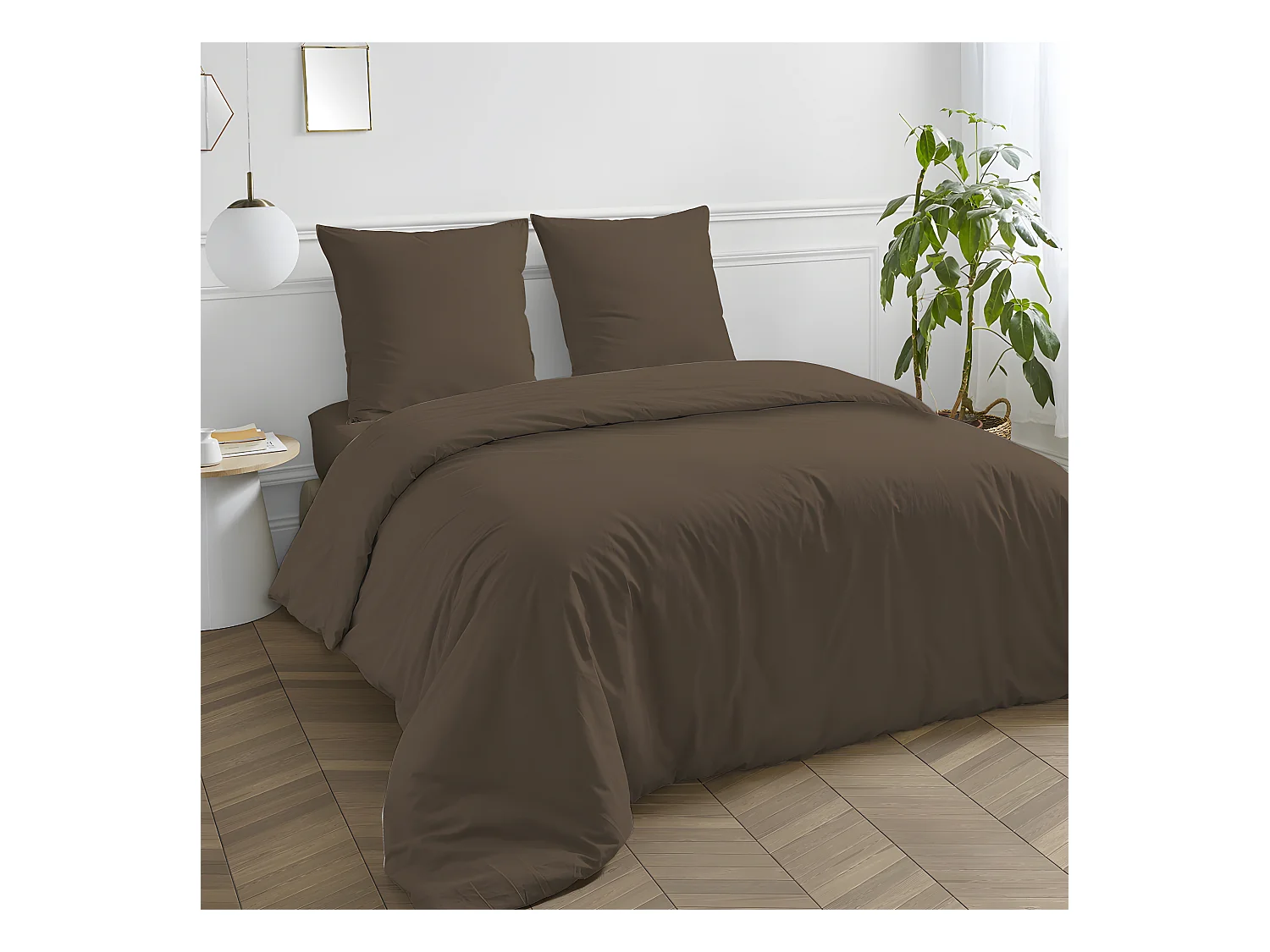 Drap housse en coton 57 fils uni bonnet 25cm taupe 140x200cm
