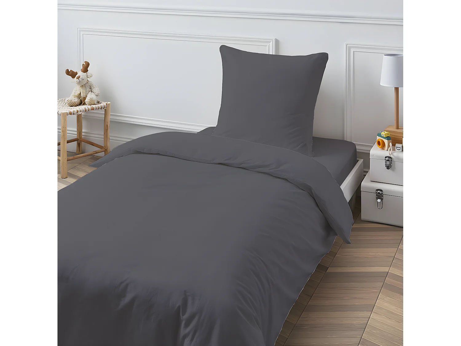 Drap housse en coton 57 fils uni bonnet 25cm zinc 90x190cm