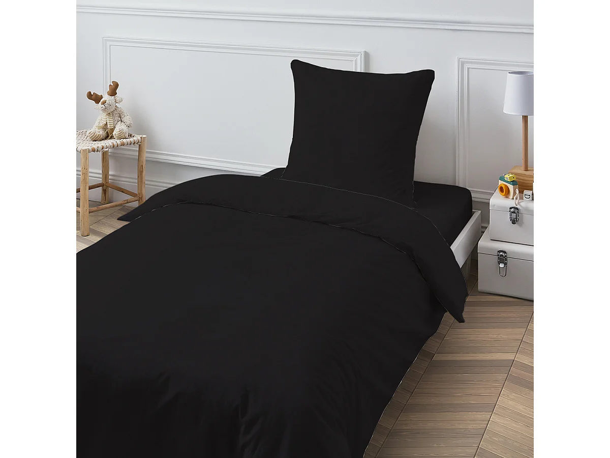 Drap housse en coton 57 fils uni bonnet 25cm noir 90x200cm