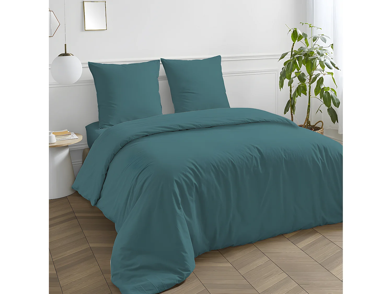 Drap housse en coton 57 fils uni bonnet 25cm canard 140x200cm