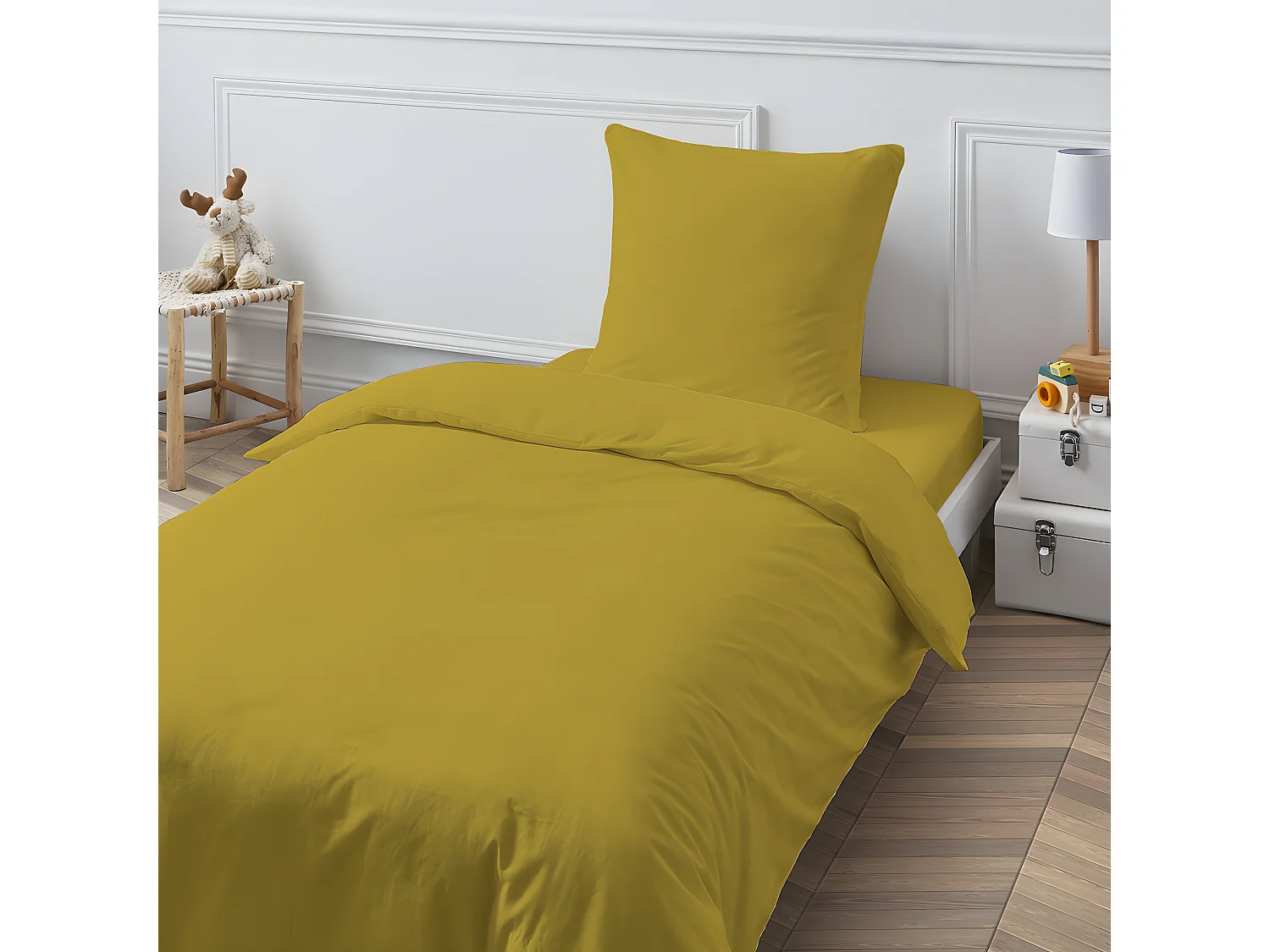 Drap housse en coton 57 fils uni bonnet 25cm jaune moutarde 80x200cm