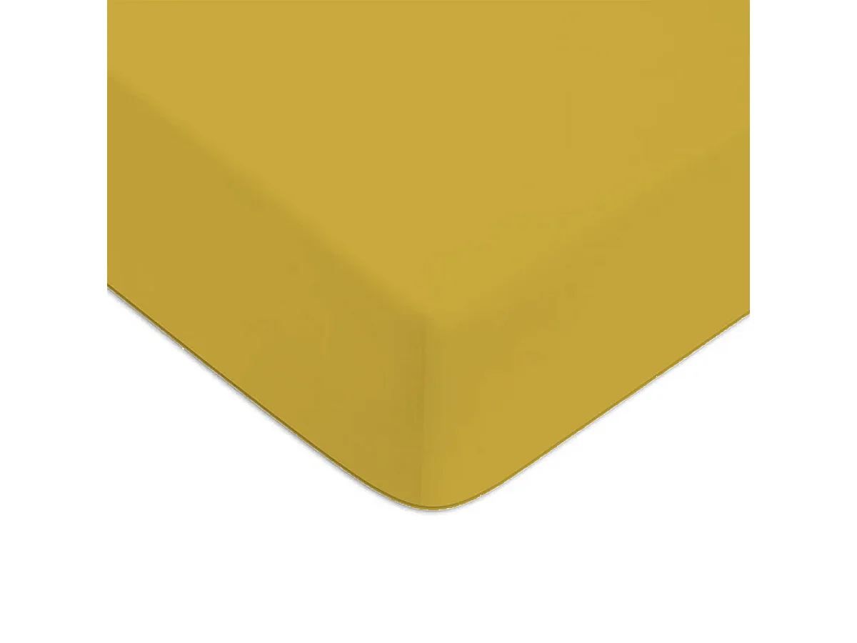 Drap housse en coton 57 fils uni bonnet 25cm jaune moutarde 140x190cm