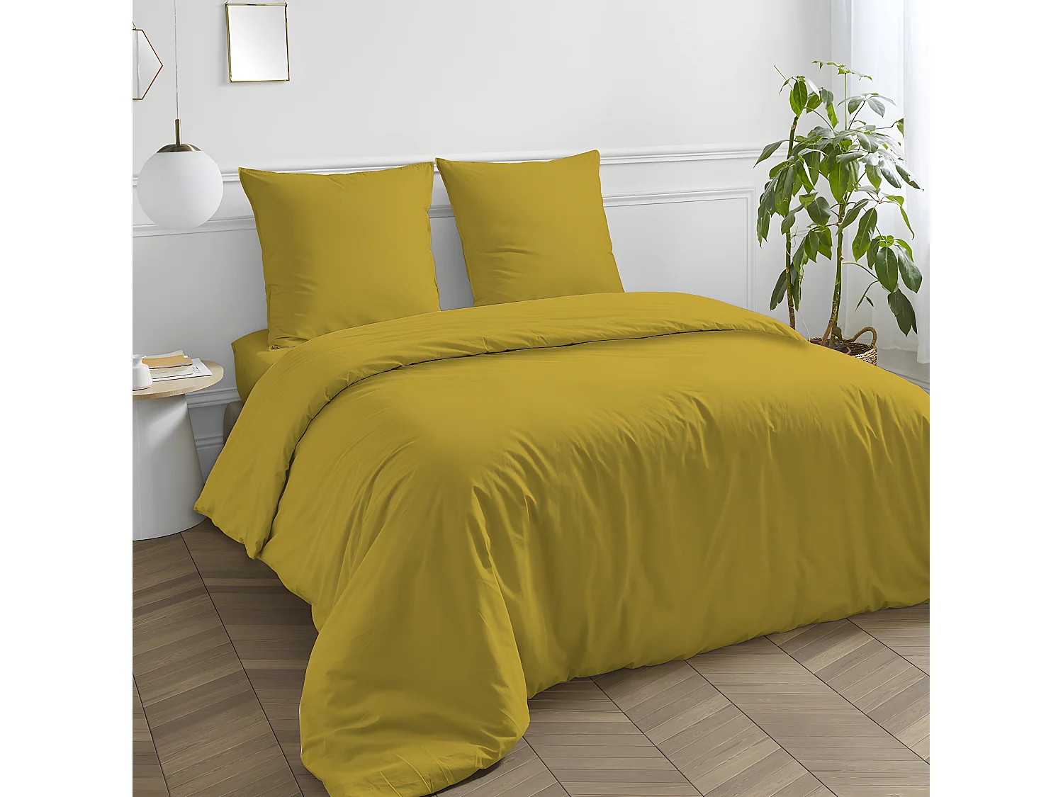 Drap housse en coton 57 fils uni bonnet 25cm jaune moutarde 140x190cm