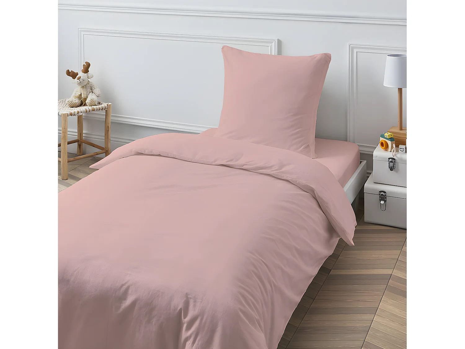 Drap housse en coton 57 fils uni bonnet 25cm rose 80x200cm