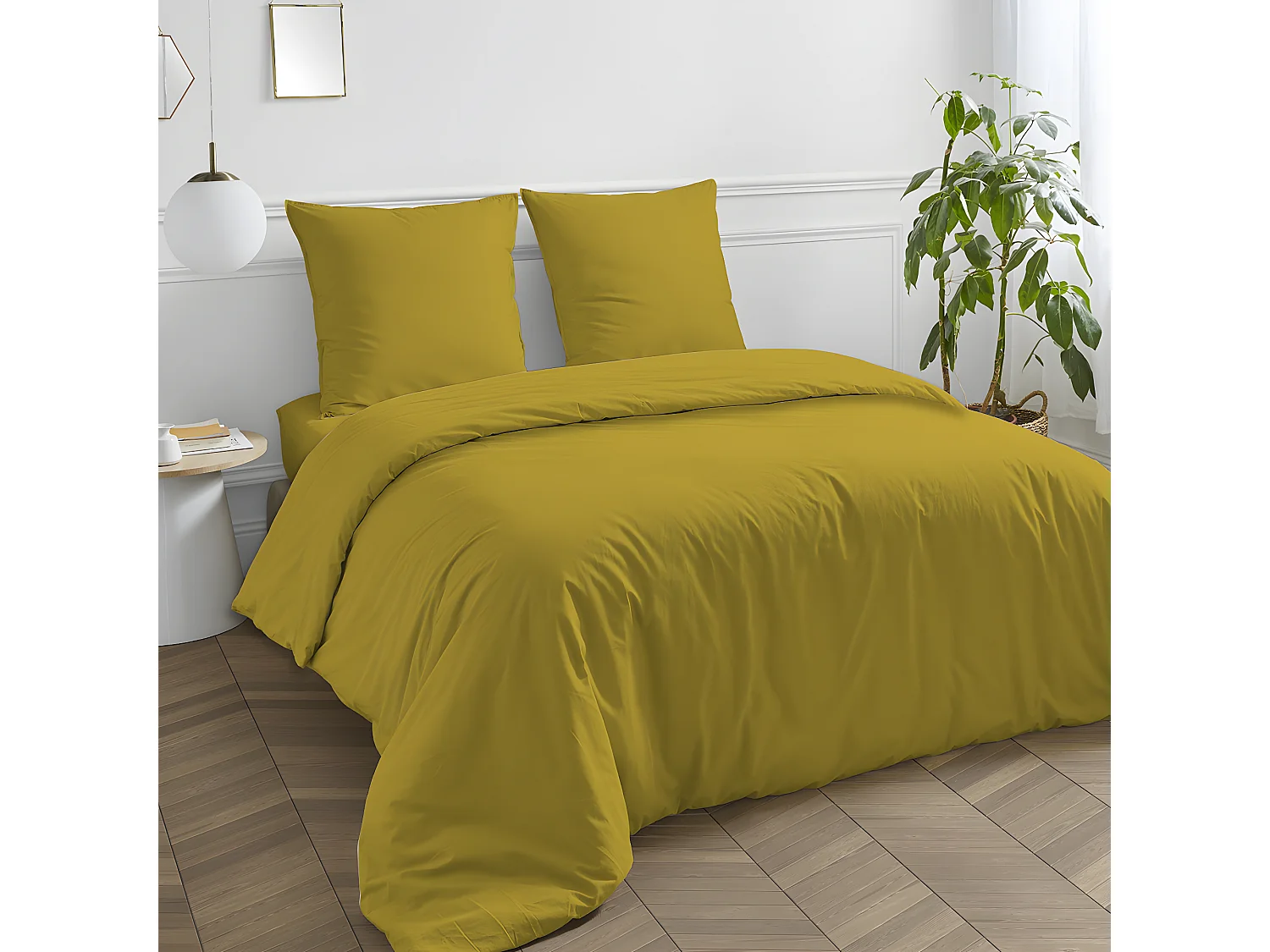 Taie traversin en coton 57 fils unie jaune mimosa jaune moutarde 85x185cm