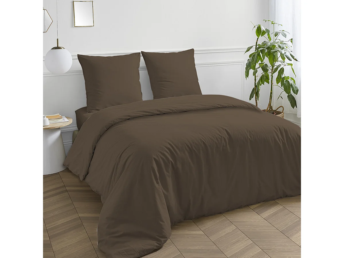 Housse de couette en coton 57 fils unie taupe 200x200cm