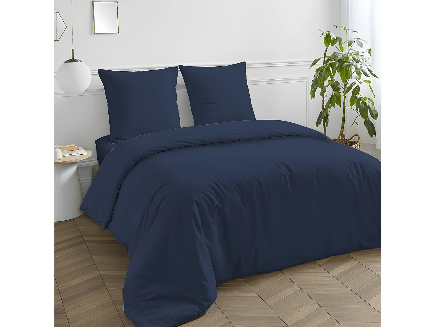 Housse de couette en coton 57 fils unie bleu 260x240cm