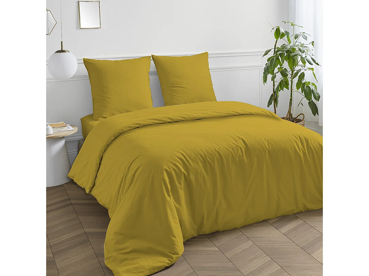 Housse de couette en coton 57 fils unie jaune moutarde 200x200cm