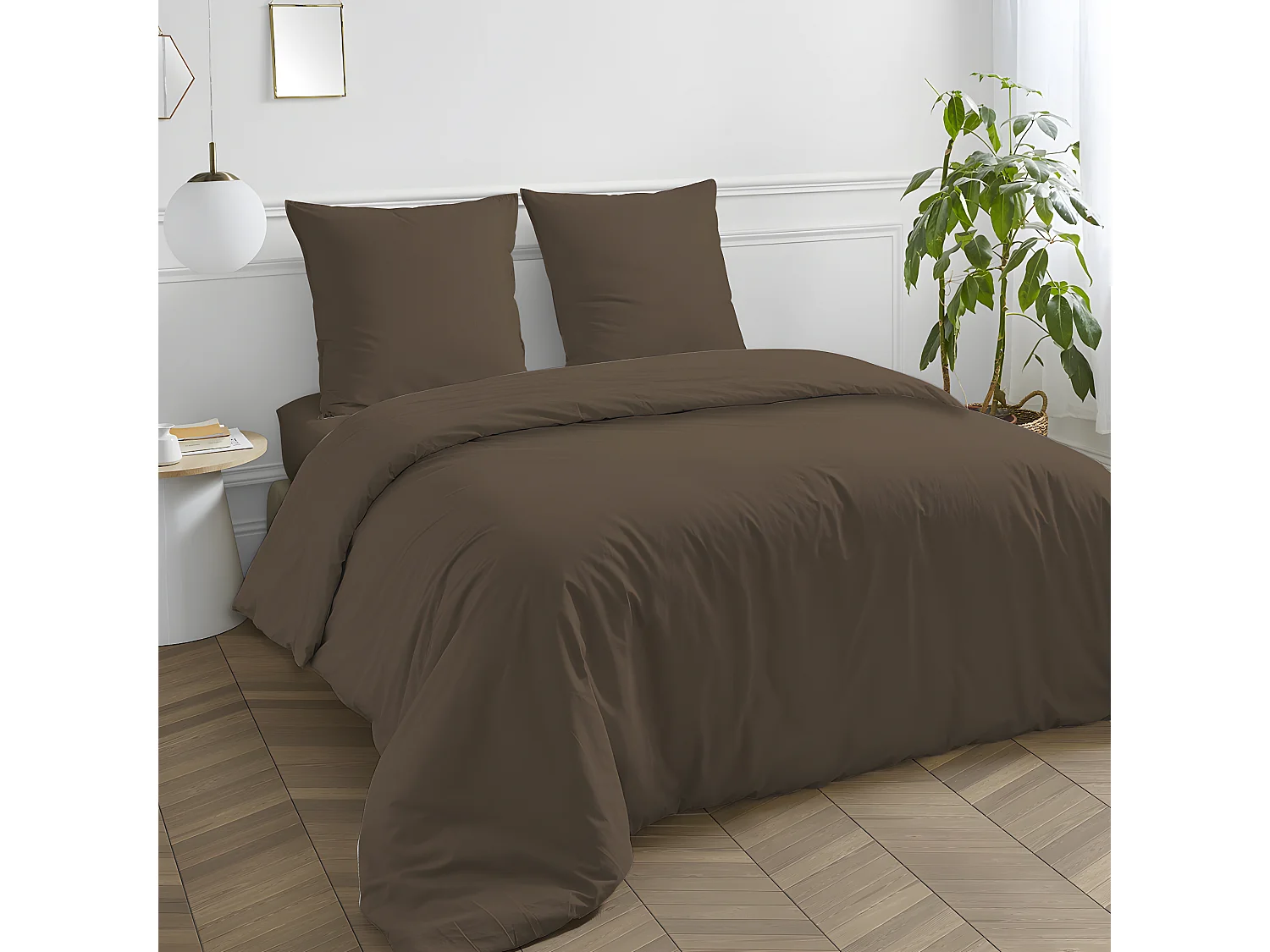 Housse de couette en coton 57 fils unie taupe 260x240cm