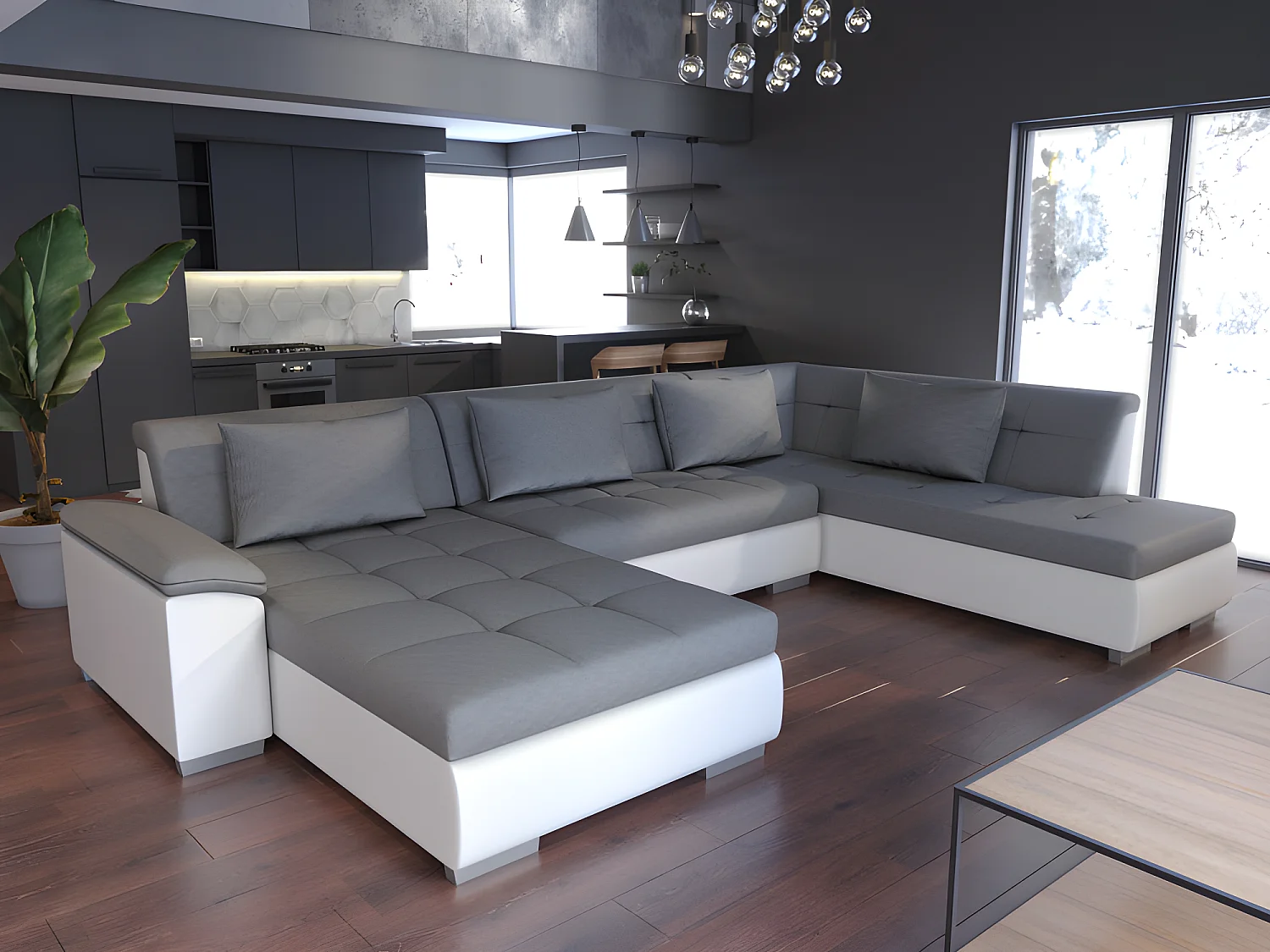 Canapé d'angle panoramique convertible LEMON gris et blanc. Avec lit