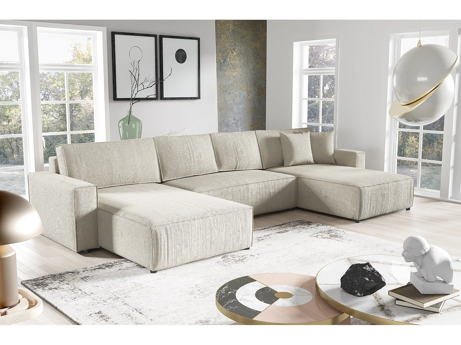 Canapé Panoramique Convertible Vella En Velours Côtelé (beige)