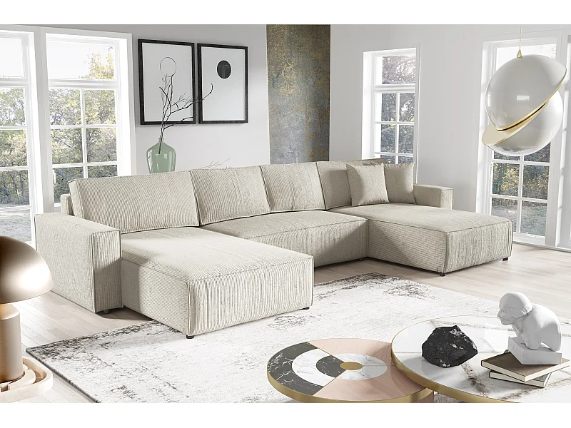 Canapé Panoramique Convertible Vella En Velours Côtelé (beige)