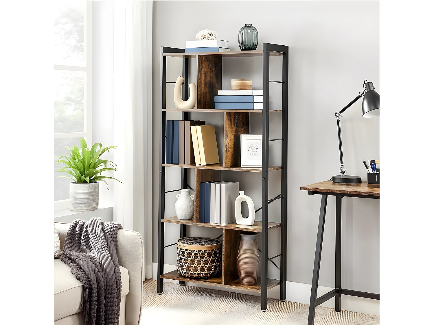 Bibliothèque, Étagère à 4 Niveaux. Style Industriel, Cadre en Acier, Marron vintage et Noir - INDUSA