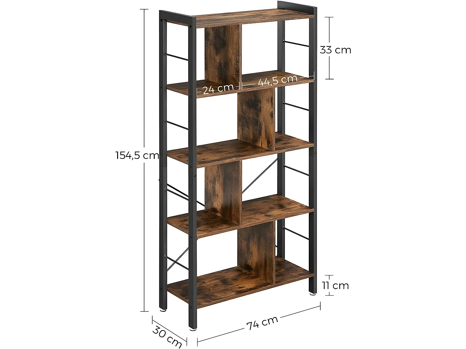 Bibliothèque, Étagère à 4 Niveaux. Style Industriel, Cadre en Acier, Marron vintage et Noir - INDUSA