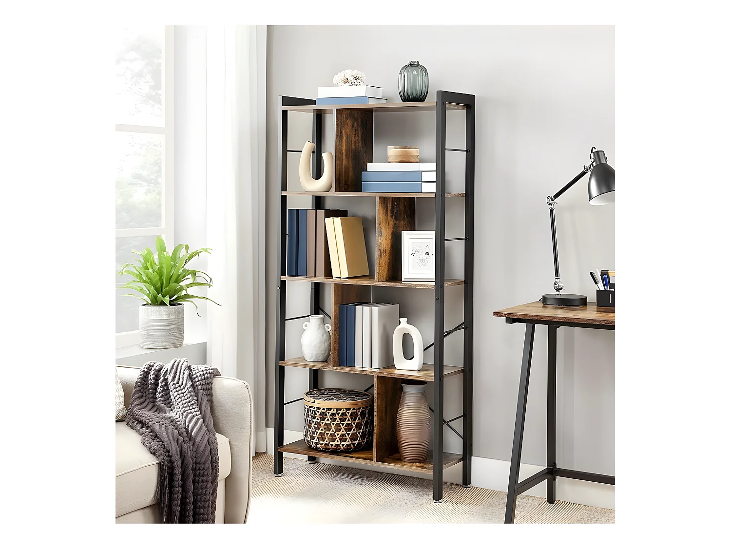 Bibliothèque, Étagère à 4 Niveaux. Style Industriel, Cadre en Acier, Marron vintage et Noir - INDUSA