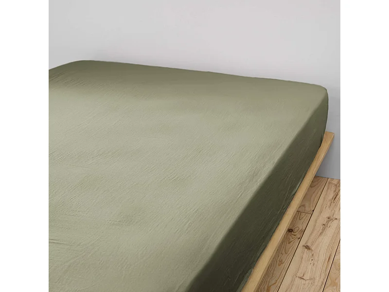 Drap housse double gaze de coton kaki 180x200 cm