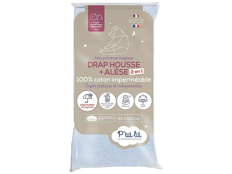 Drap housse bébé + alèse 2 en 1 coton imperméable gris 60x120 cm