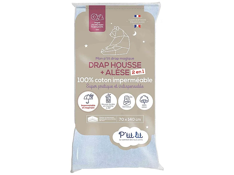 Drap housse bébé + alèse 2 en 1 coton imperméable gris 70x140 cm