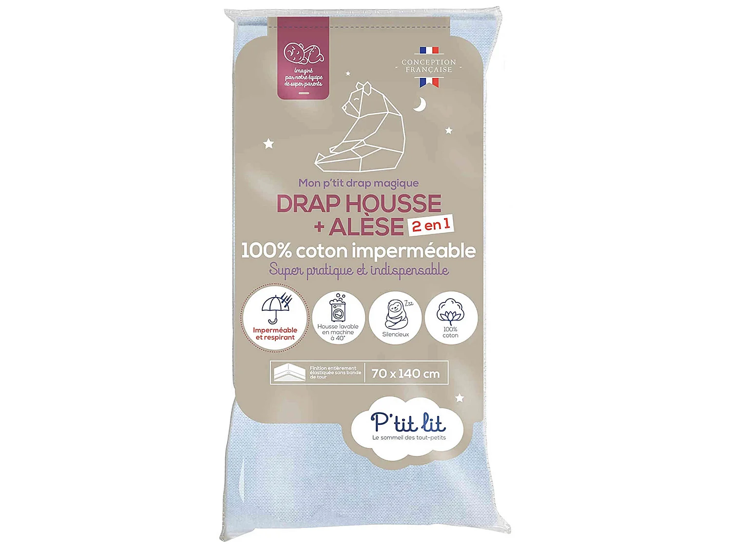 Drap housse bébé + alèse 2 en 1 coton imperméable gris 70x140 cm