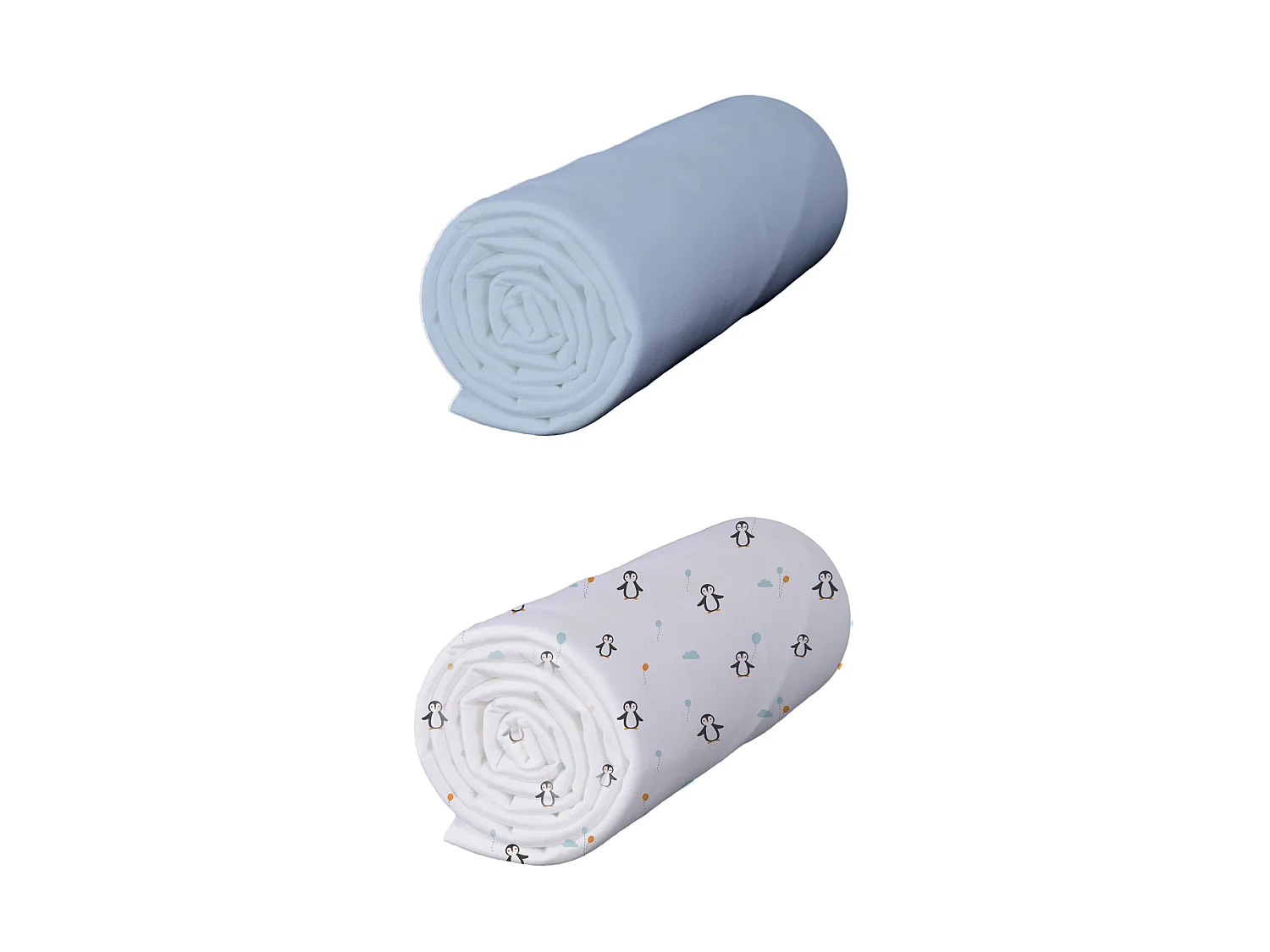 Lot de 2 draps housses bébé coton jersey bleu ciel/Pingouin 60x120 cm